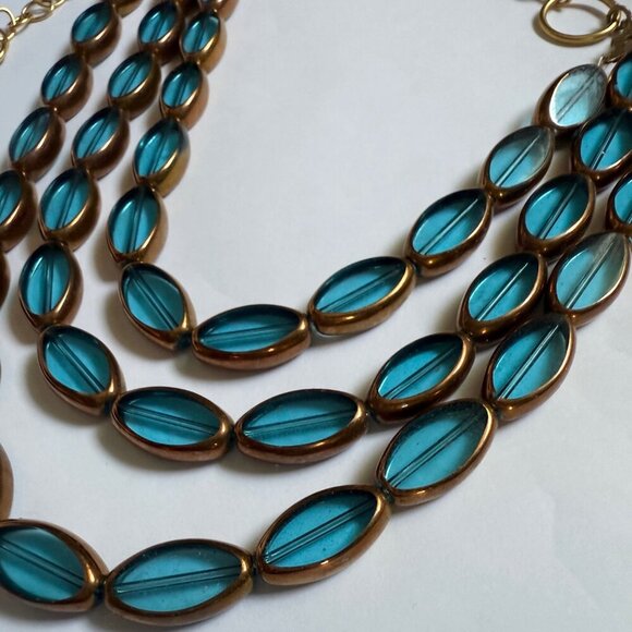 💙 Teal Blue Beaded Statement Necklace 3-Strand Gold Hardware - Picture 6 of 8